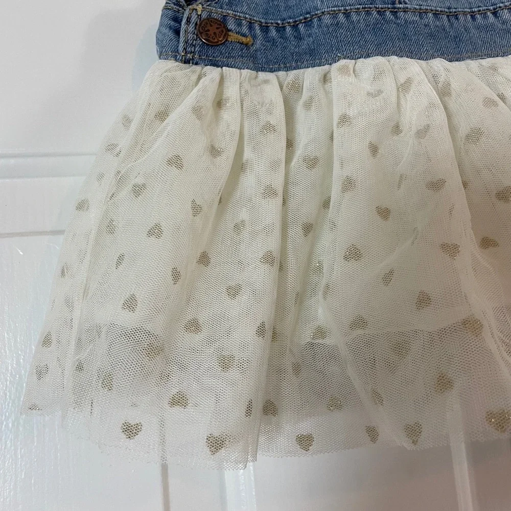 OshKosh Size 3M Overall Dress Blue Denim Ivory Tulle Glitter Heart Baby Girls